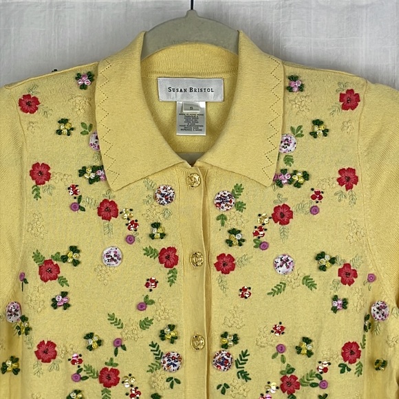 NWT SUSAN BRISTOL light yellow knit cotton blend Cardigan cottagecore floral - Picture 2 of 16